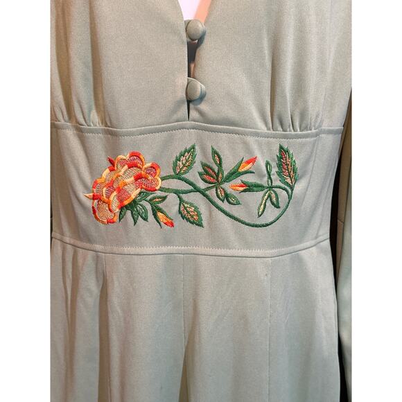 ESTINO VTG 60/70’s Disco Retro Lime Embroidered Flowers Flare Leg Jumpsuit 13/14 - Picture 5 of 16